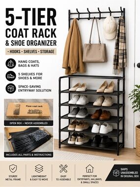 Entryway Coat Rack Shoe Storage Organizer 5-Tier Hall Tree w/ Hooks Black